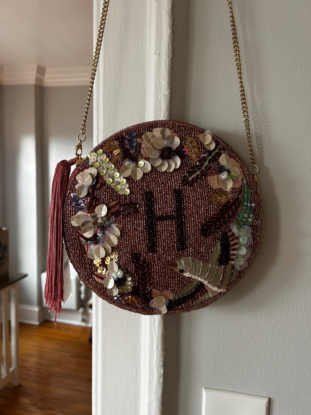 Anthropologie Round Beaded Tassel Monogram Crossbody Bag Rose Pink Sequin Floral